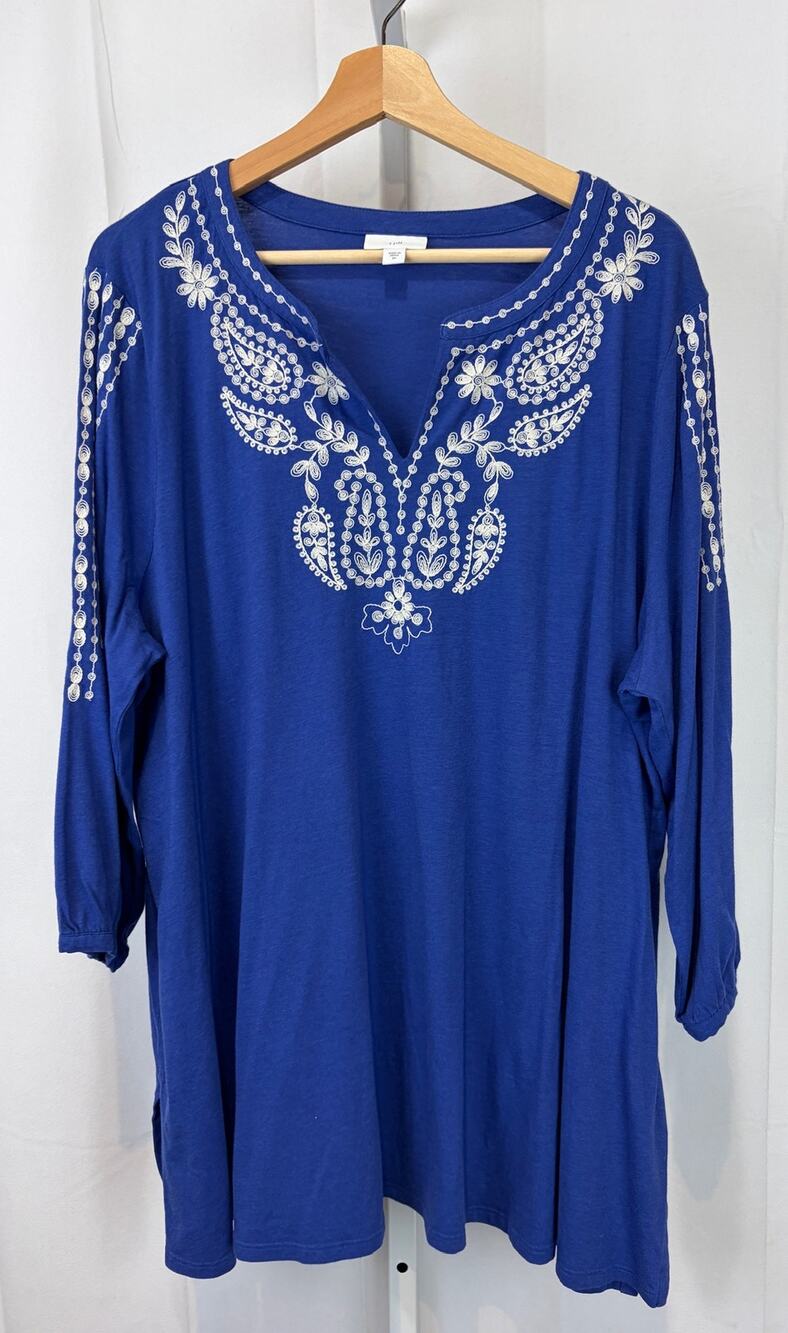 J. JILL Paisley Embroidered Tunic Top 3/4 Sleeve Cotton Modal Blue Size 2X Plus